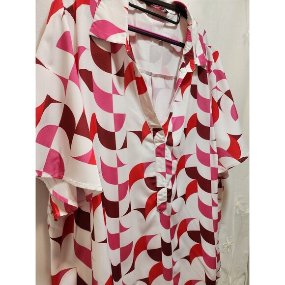 BLOOMCHIC WOMENS 26 4X WHITE PINK BLOUSE GEOMETRIC RETRO V-NECK STYLISH ABSTRACT - Picture 2 of 13